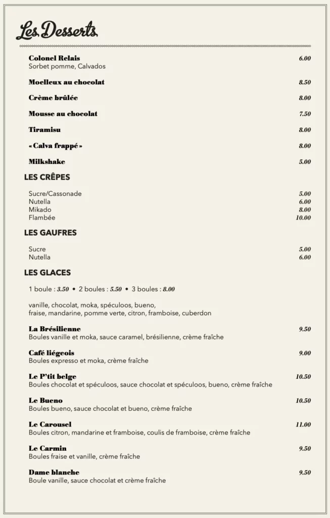 La carte des desserts au restaurant du Relais