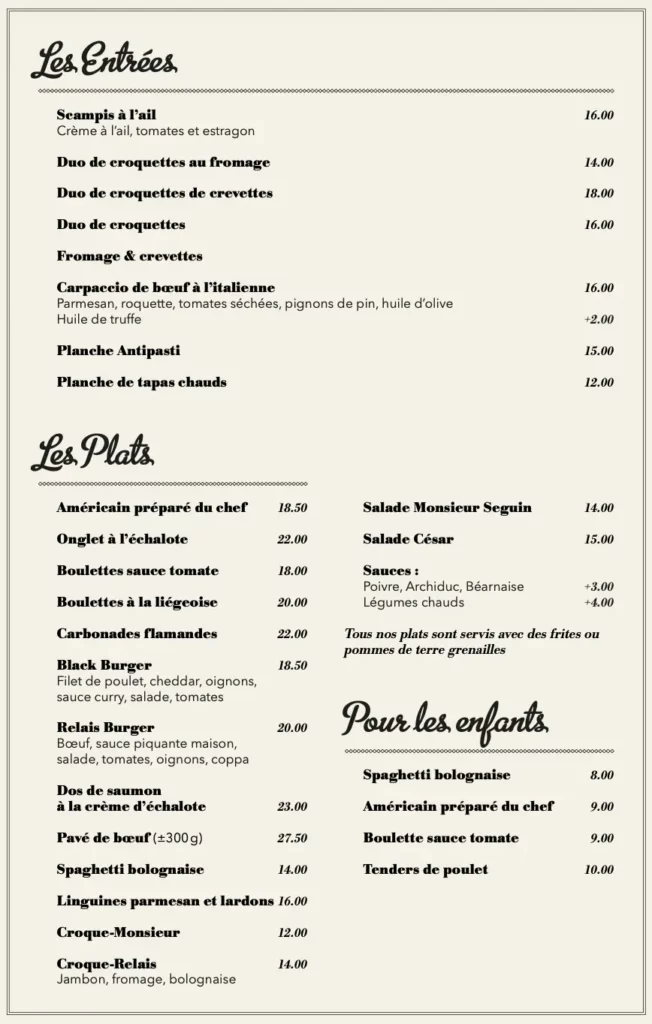 La carte des entrées, plats et plats pour enfant au restaurant du Relais