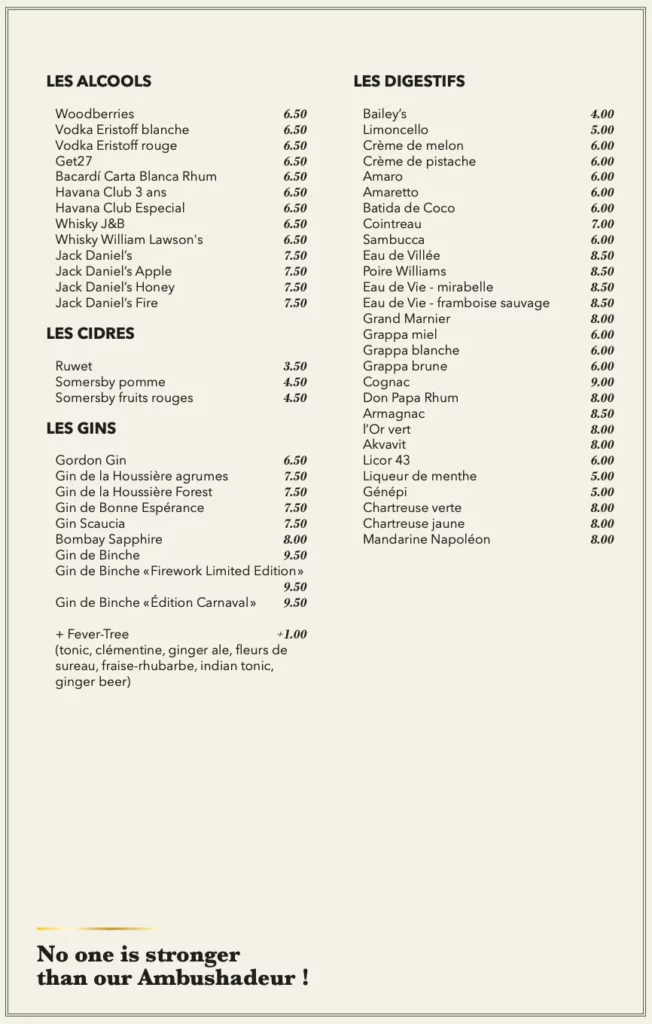 Carte des alcool et gins à la taverne