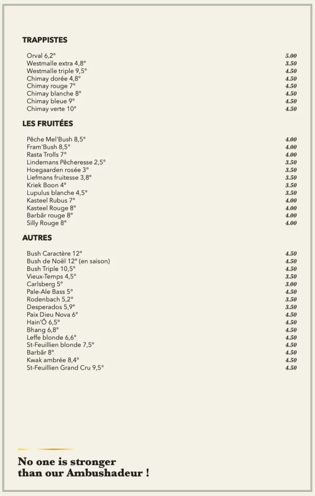 Carte des bières en bouteilles à Le Relais