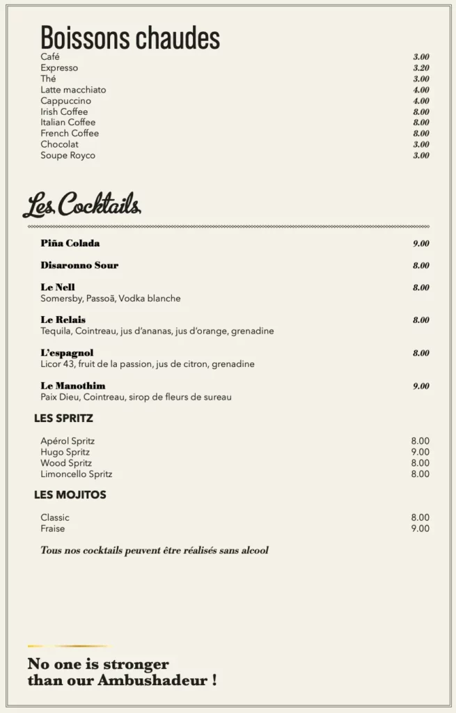 Carte des boissons chaudes et cocktails à Ecaussinnes