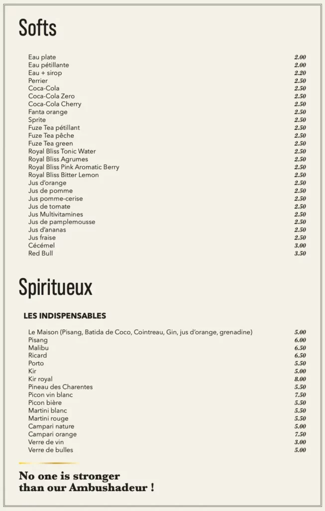 Carte des softs au Relais d'Ecaussinnes